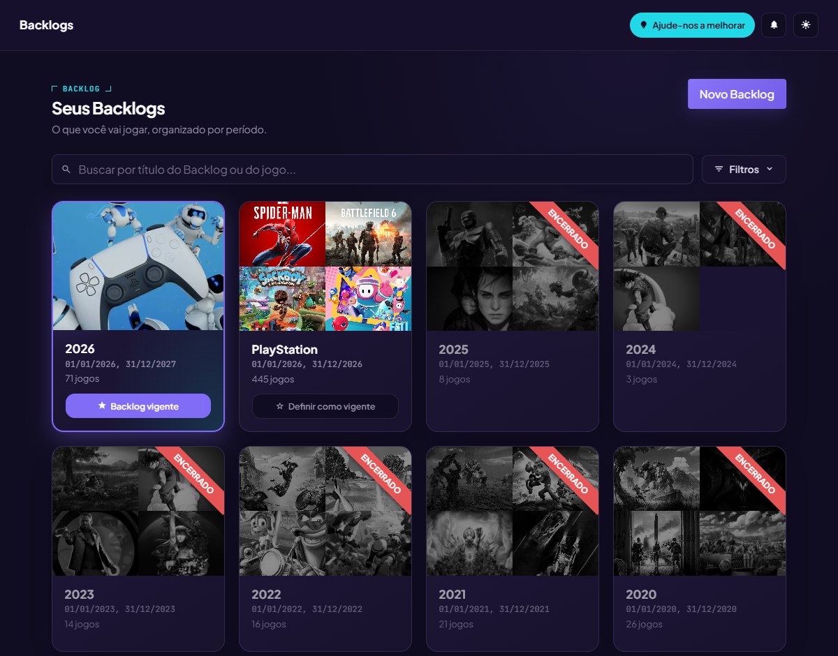 Tela real de Backlogs do SaveSlot, com listas organizadas por período