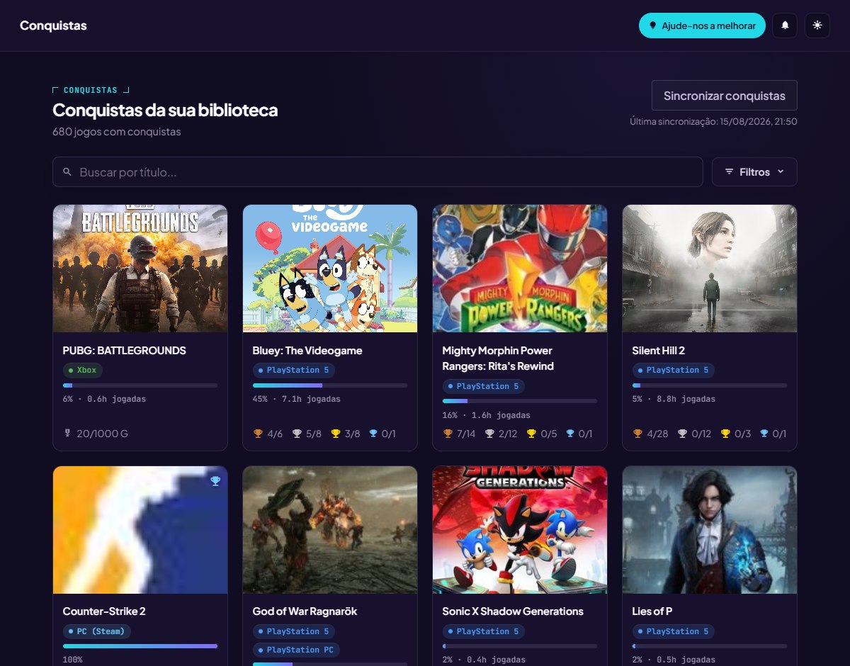 Tela real de Conquistas do SaveSlot reunindo progresso de PlayStation, Xbox e Steam