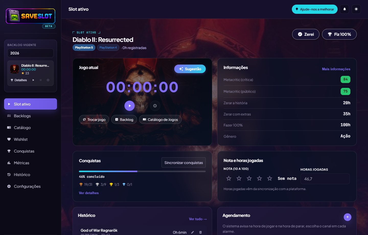 Tela real do Slot ativo no SaveSlot com Diablo II: Resurrected, capa ao fundo, cronômetro e conquistas